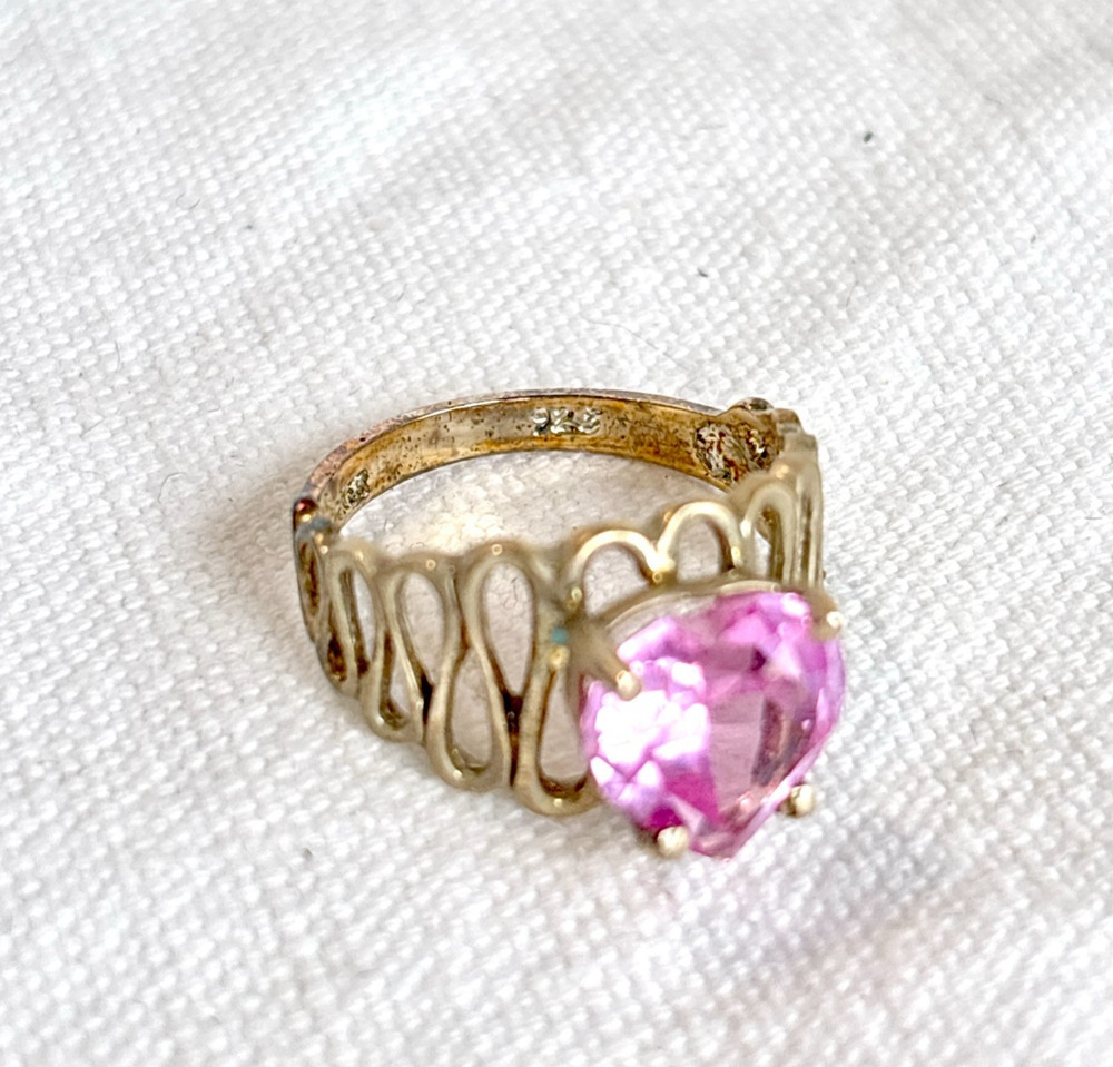 Vintage Wildfire 925 Sterling Silver Pink CZ Heart Statement Ring Est Size 8